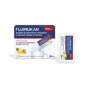 Fluimukan 600 mg prašek za peroralno raztopino - med in limona, vrečice