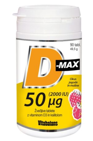 D-Max 2.000 I.E, žvečljive tablete z vitaminom D3 in ksilitolom - okus jagode in maline, 90 tablet