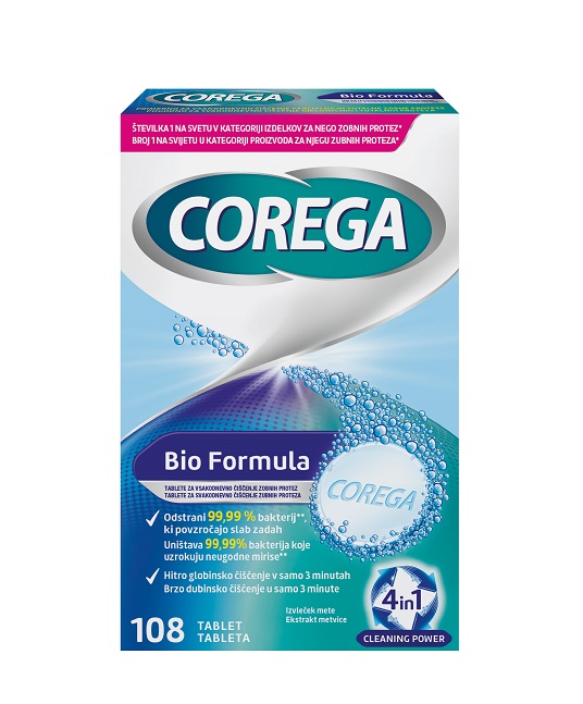 Corega Bio Formula, 108 tablet za čiščenje zobnih protez 