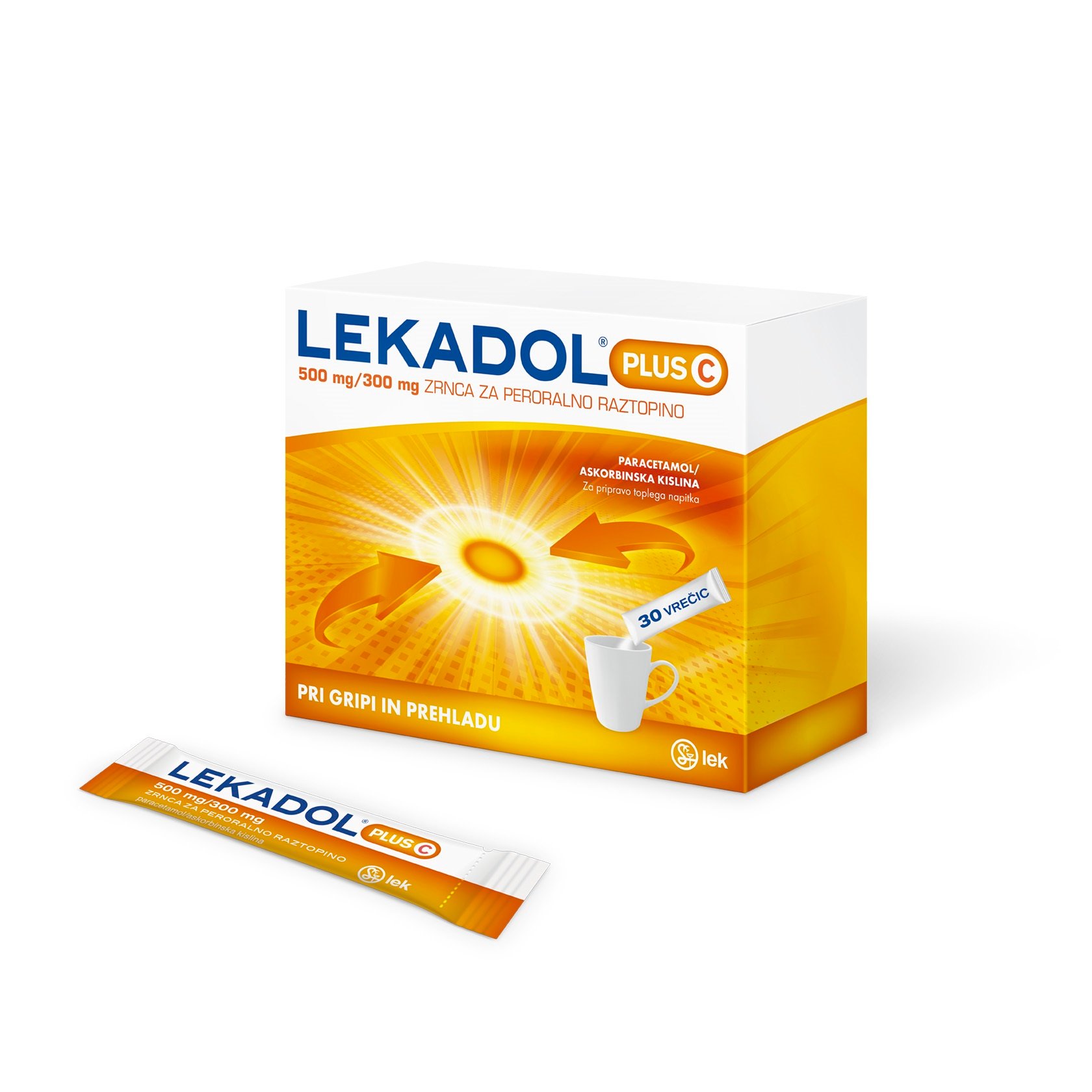 Lekadol plus C 500 mg/300 mg, zrnca za peroralno raztopino, 30 vrečk 