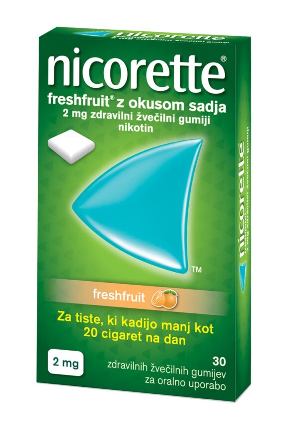 Nicorette Freshfruit z okusom sadja 2 mg, zdravilni žvečilni gumiji