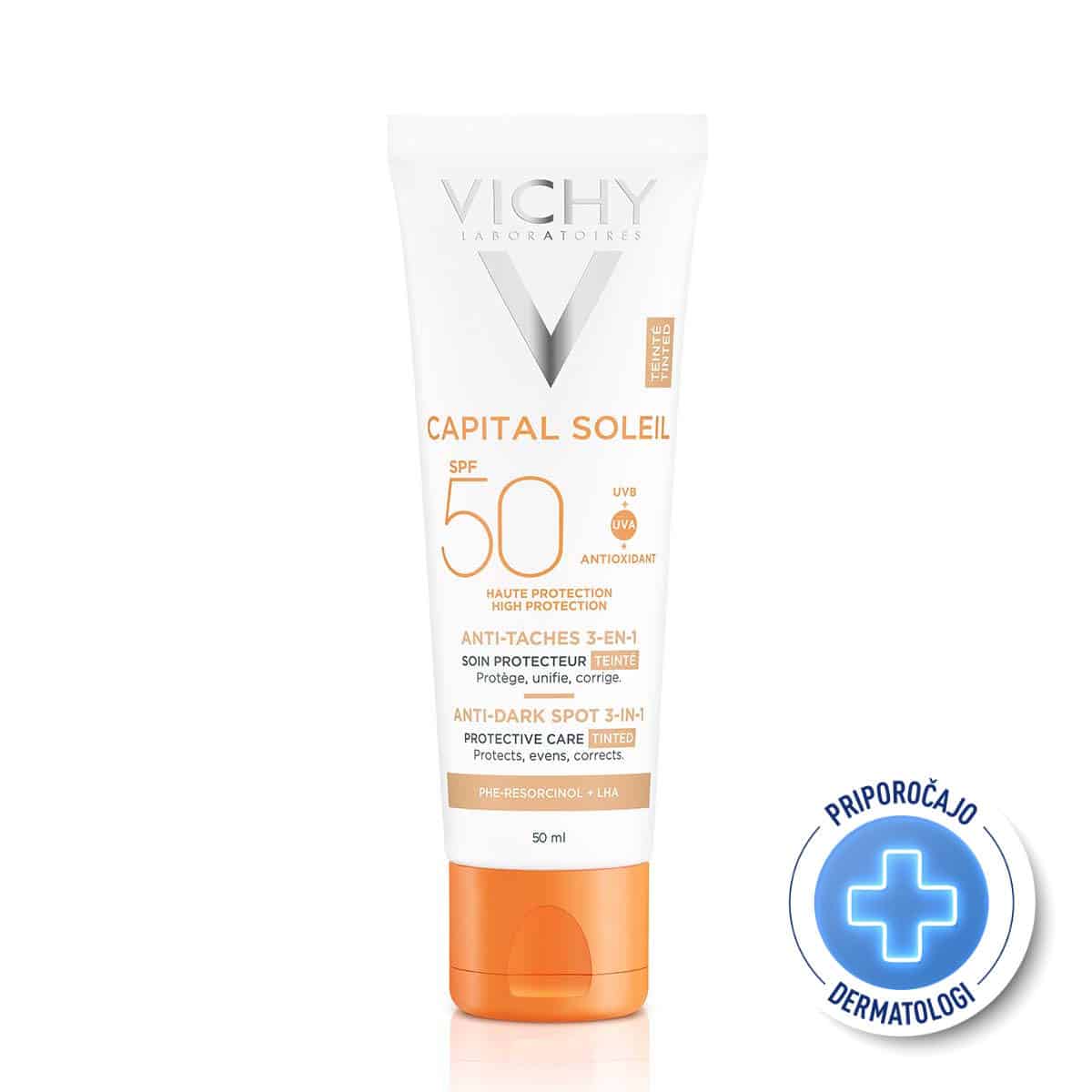Vichy Ideal Soleil, obarvana zaščitna krema proti temnim lisam ZF50+