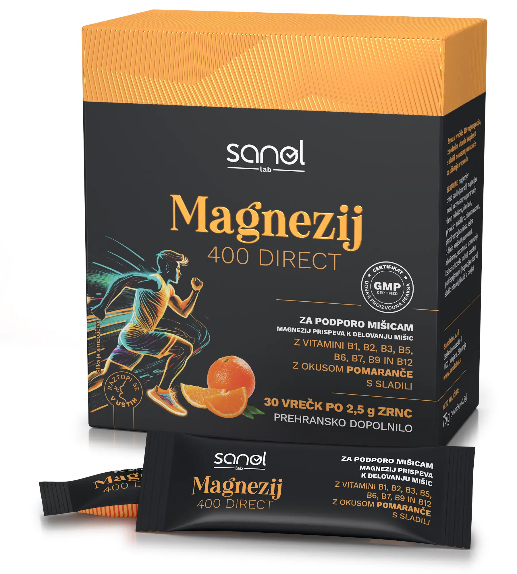 Sanol LAB Magnezij 400 Direct, okus pomaranča, 30 vrečk