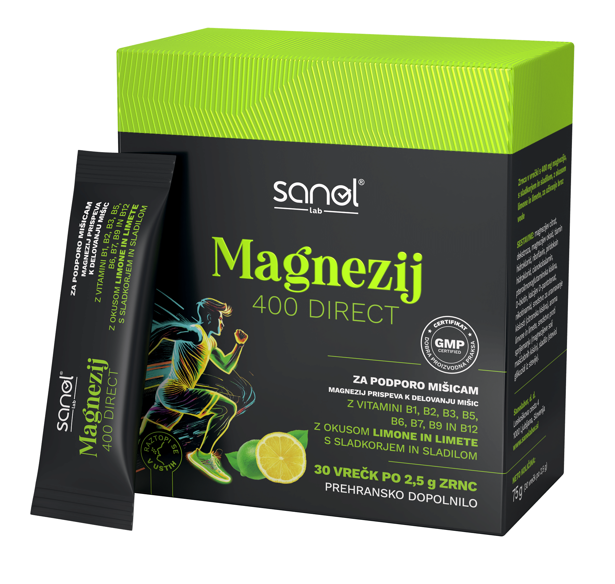 Sanol LAB Magnezij 400 Direct, okus limona in limeta, 30 vrečk