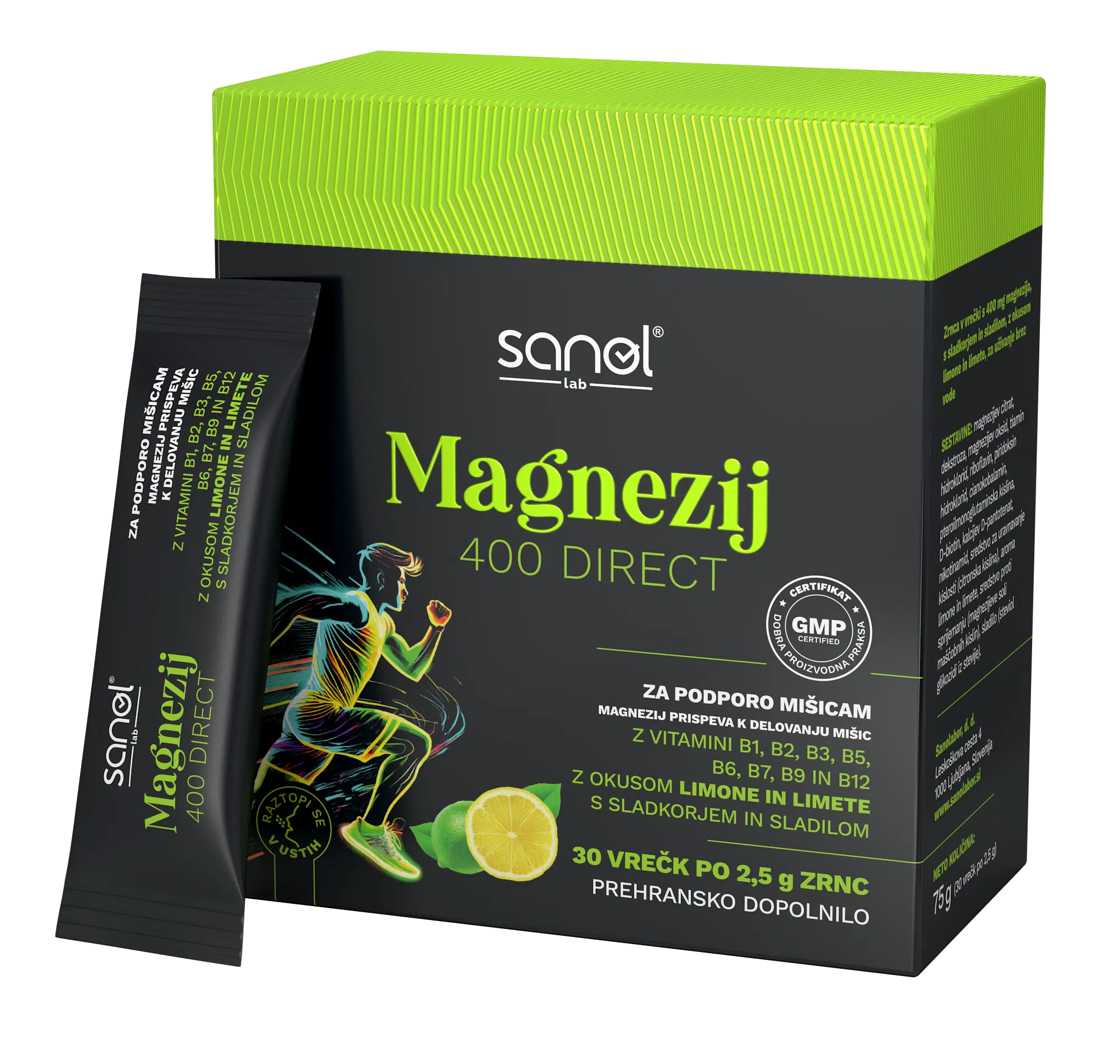 Sanol LAB Magnezij 400 Direct, okus limona in limeta, 30 vrečk