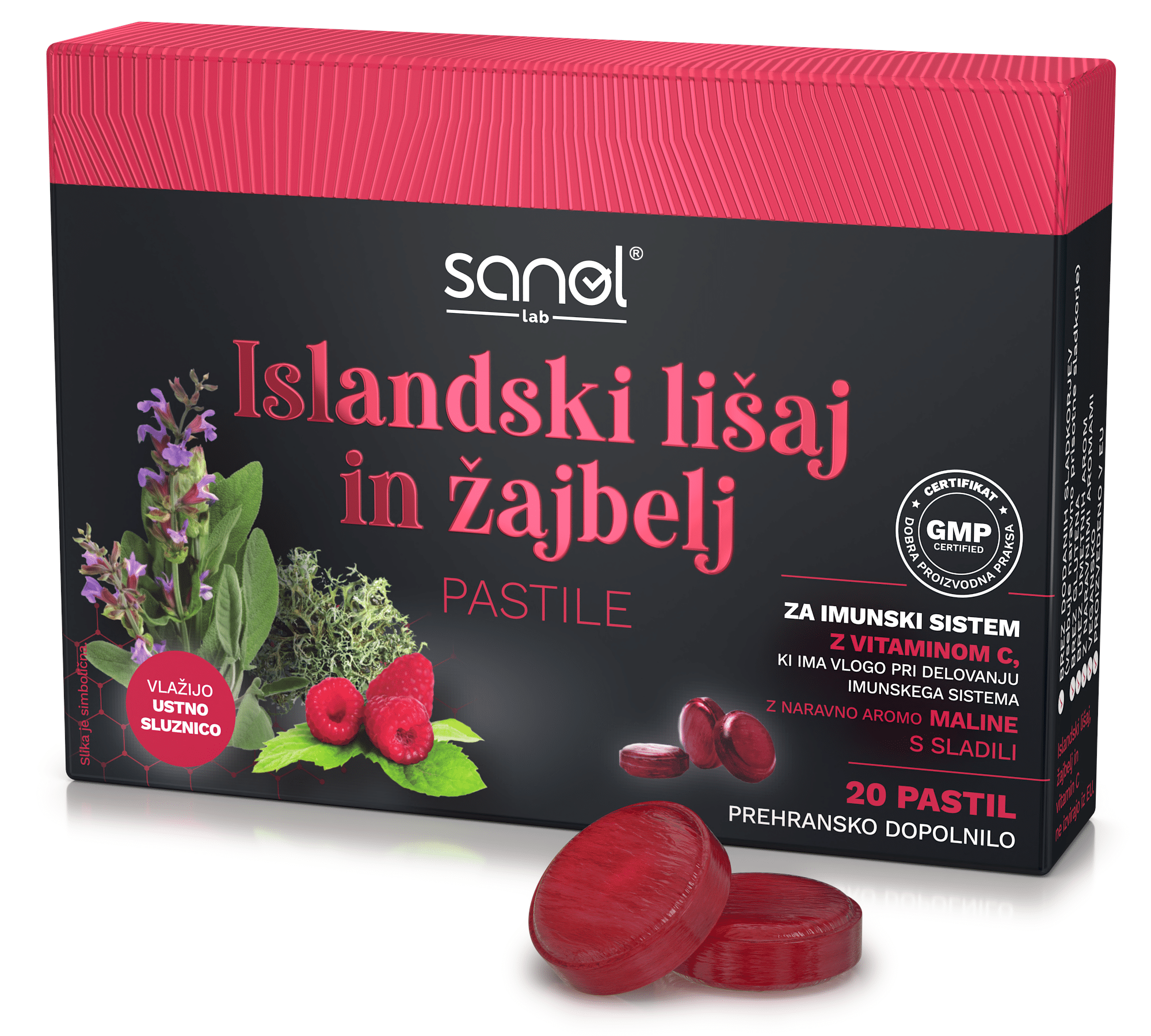 Sanol LAB Pastile z islandskim lišajem in žajbljem, 20 pastil