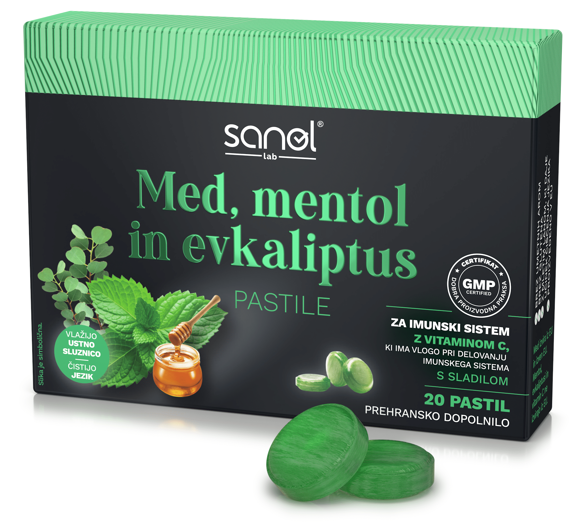 Sanol LAB Pastile z medom, mentolom in evkaliptusom, 20 pastil