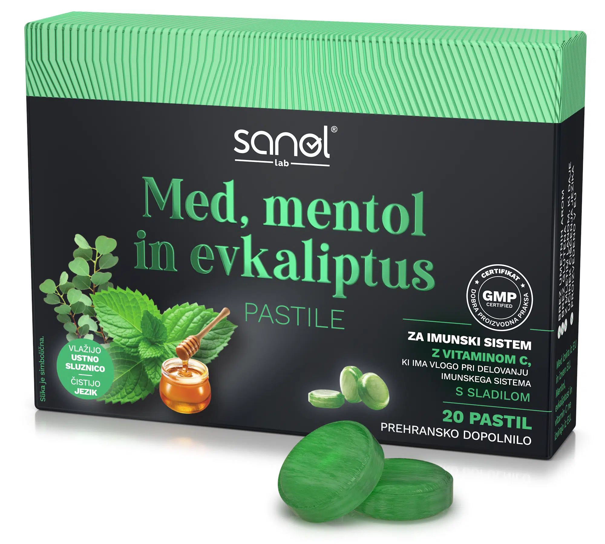 Sanol LAB Pastile z medom, mentolom in evkaliptusom, 20 pastil