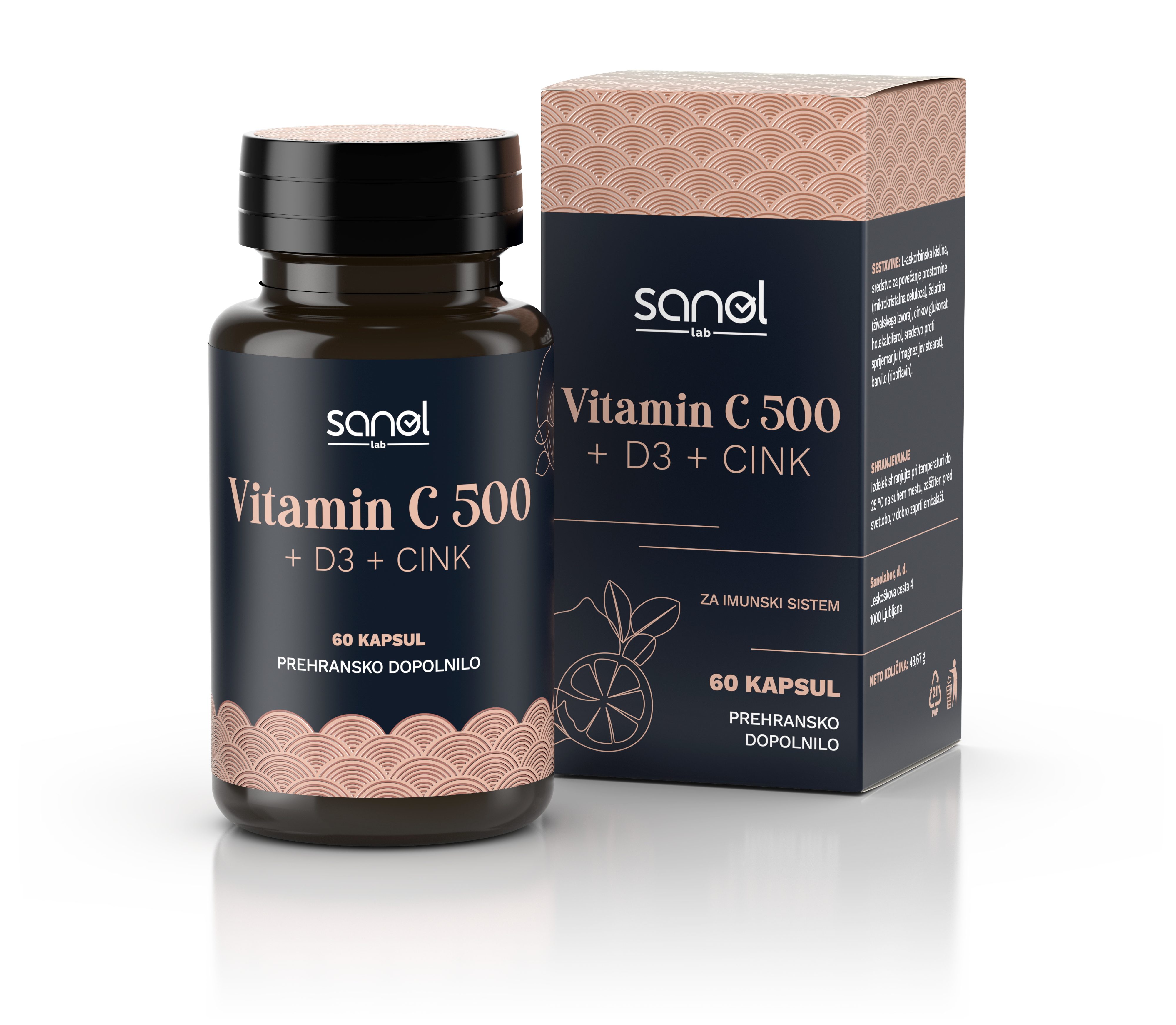 Sanol LAB Vitamin C 500 + D3 + Cink, 60 kapsul