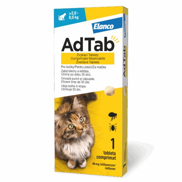 AdTab 48 mg žvečljive tablete za mačke (2–8 kg)