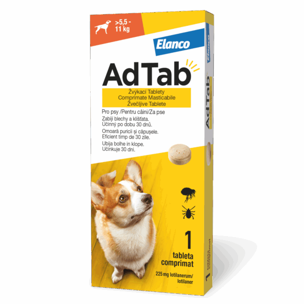AdTab 225 mg žvečljive tablete za pse (5,5–11 kg)