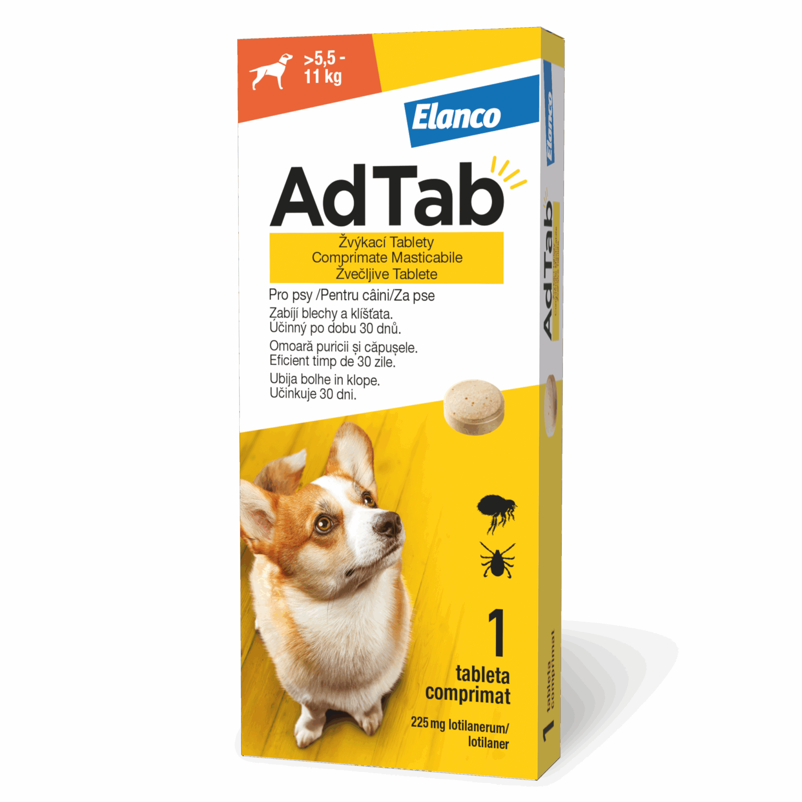 AdTab 225 mg žvečljive tablete za pse (5,5–11 kg)