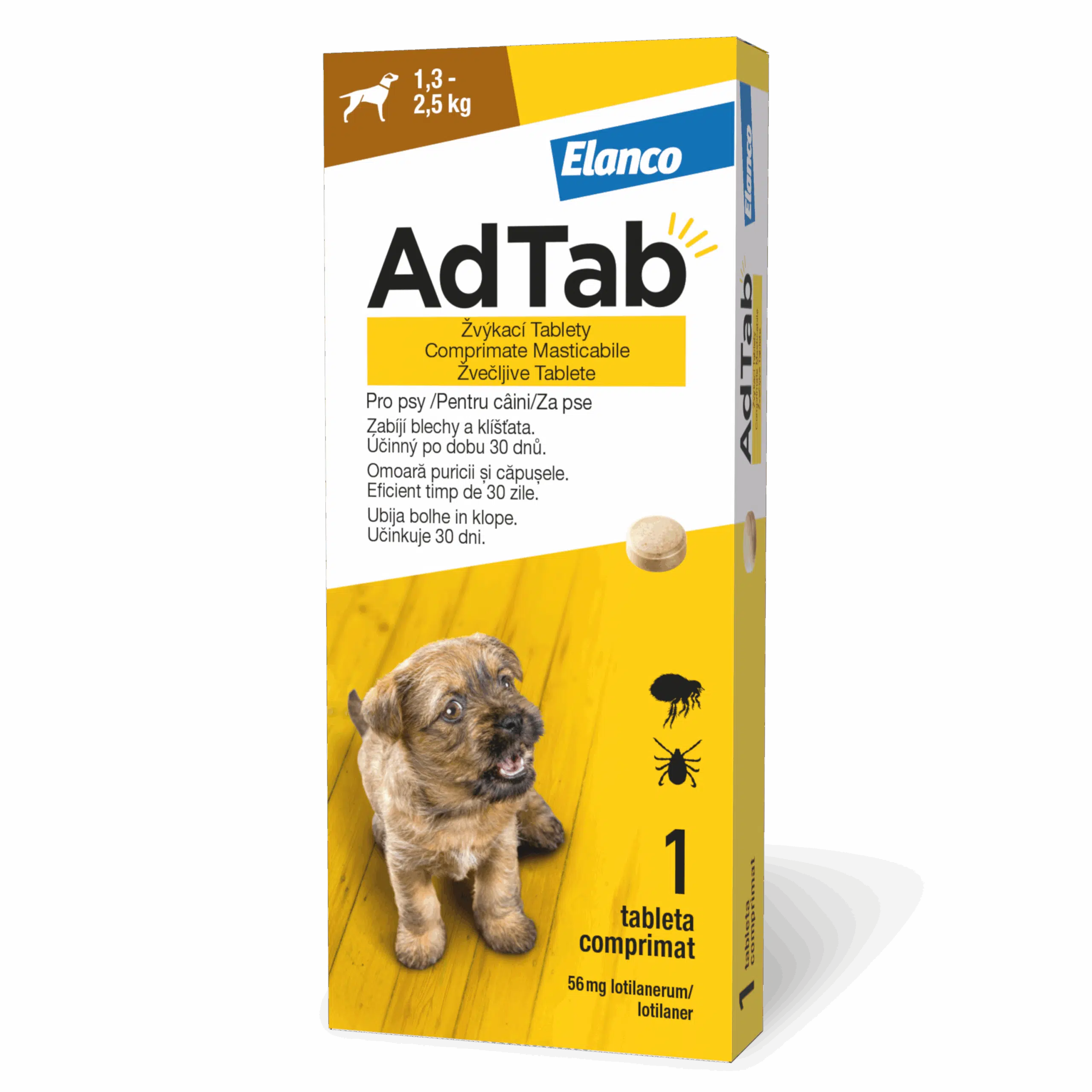 AdTab 56,25 mg žvečljive tablete za pse (1,3–2,5 kg)